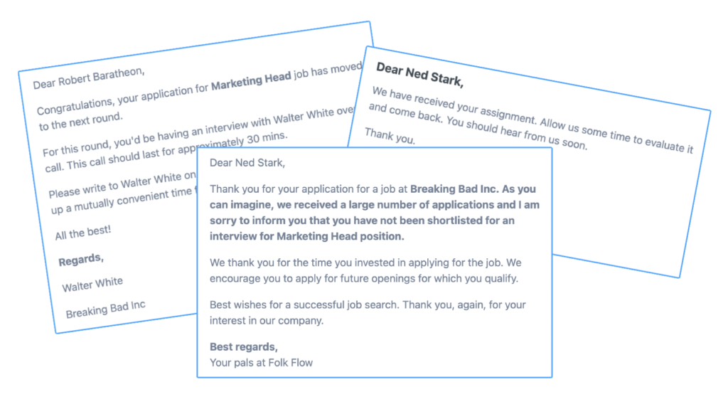 Folk Flow free applicant tracking software sends email alerts to candidates