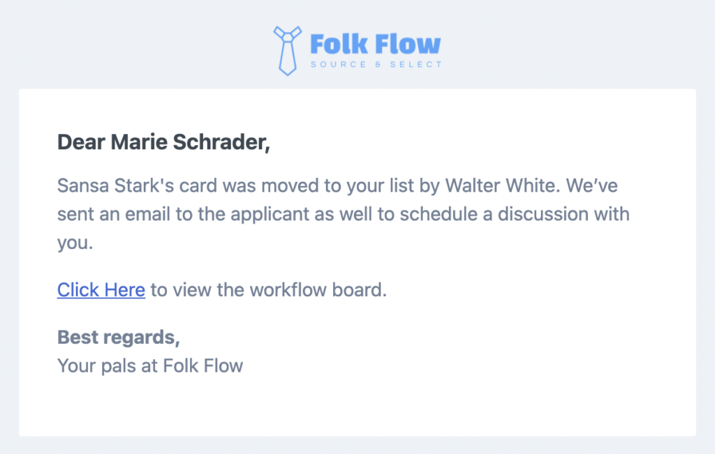 Folk Flow sends email alerts to members of the hiring team